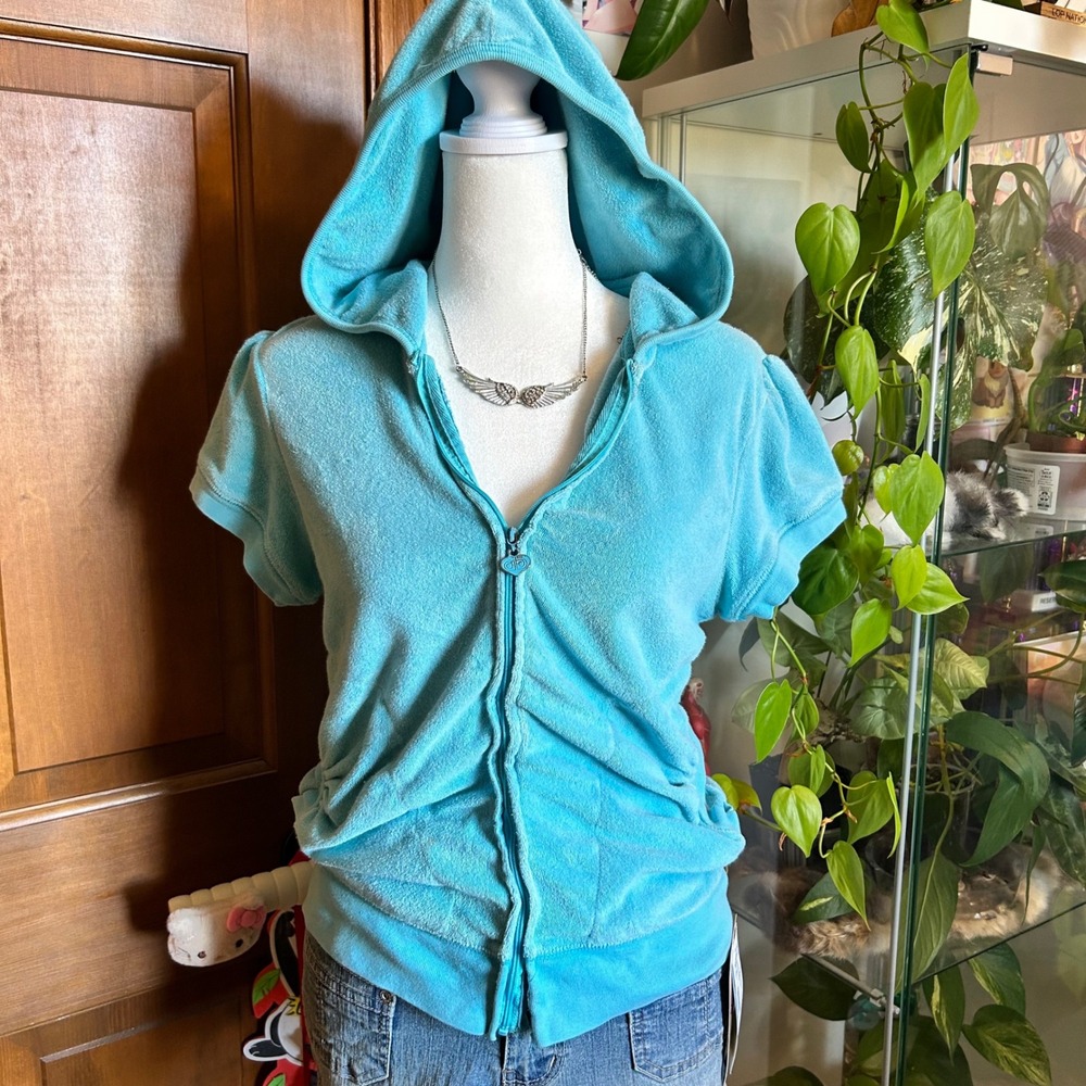 Y2K Dear ab Blue Terry Cloth Short Sleeve Zip Up Hoodie Sz L